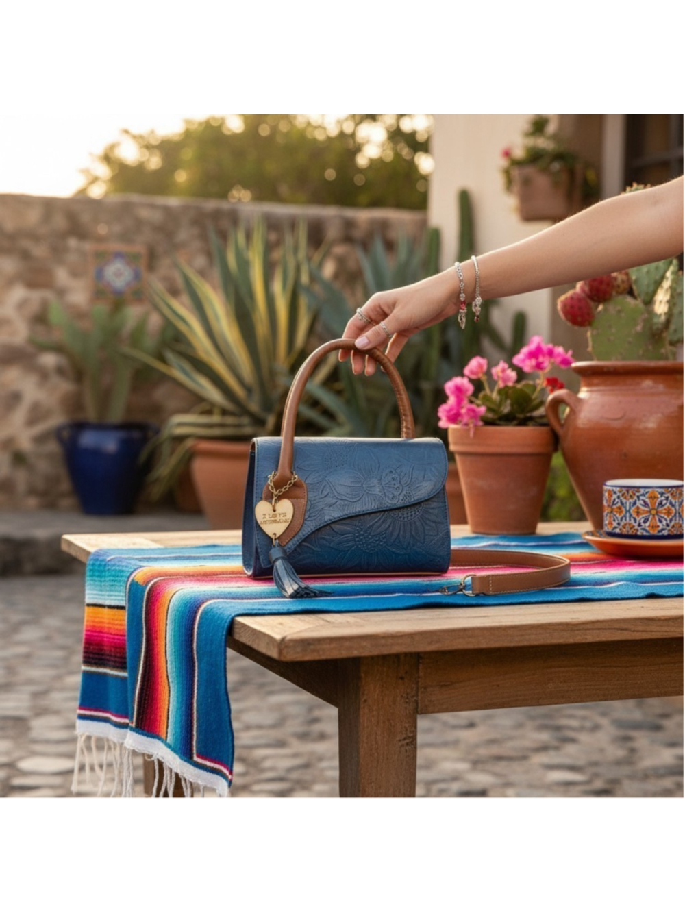 Deep Ocean Blue Brown Sunflower Embossed Artisan LEATHER Crossbody Bag Purse